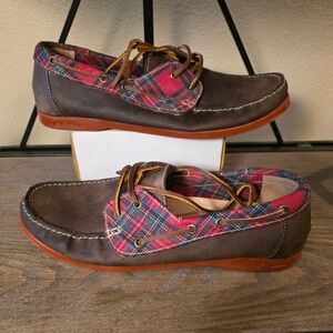 Jack Rogers Easton Brown Leather Plaid Accent Boat Shoes Size 11M Mens‎ Holiday